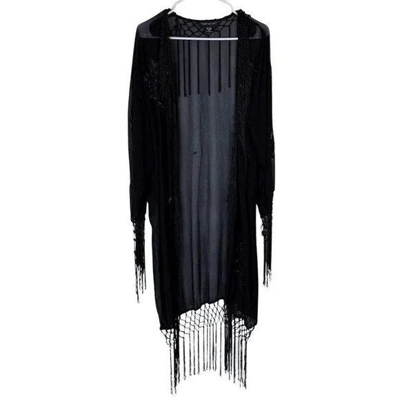 Black Sheer Sequin Beaded Fringe Kimono Jacket Open Front Festival Cover Up - Picture 6 of 6